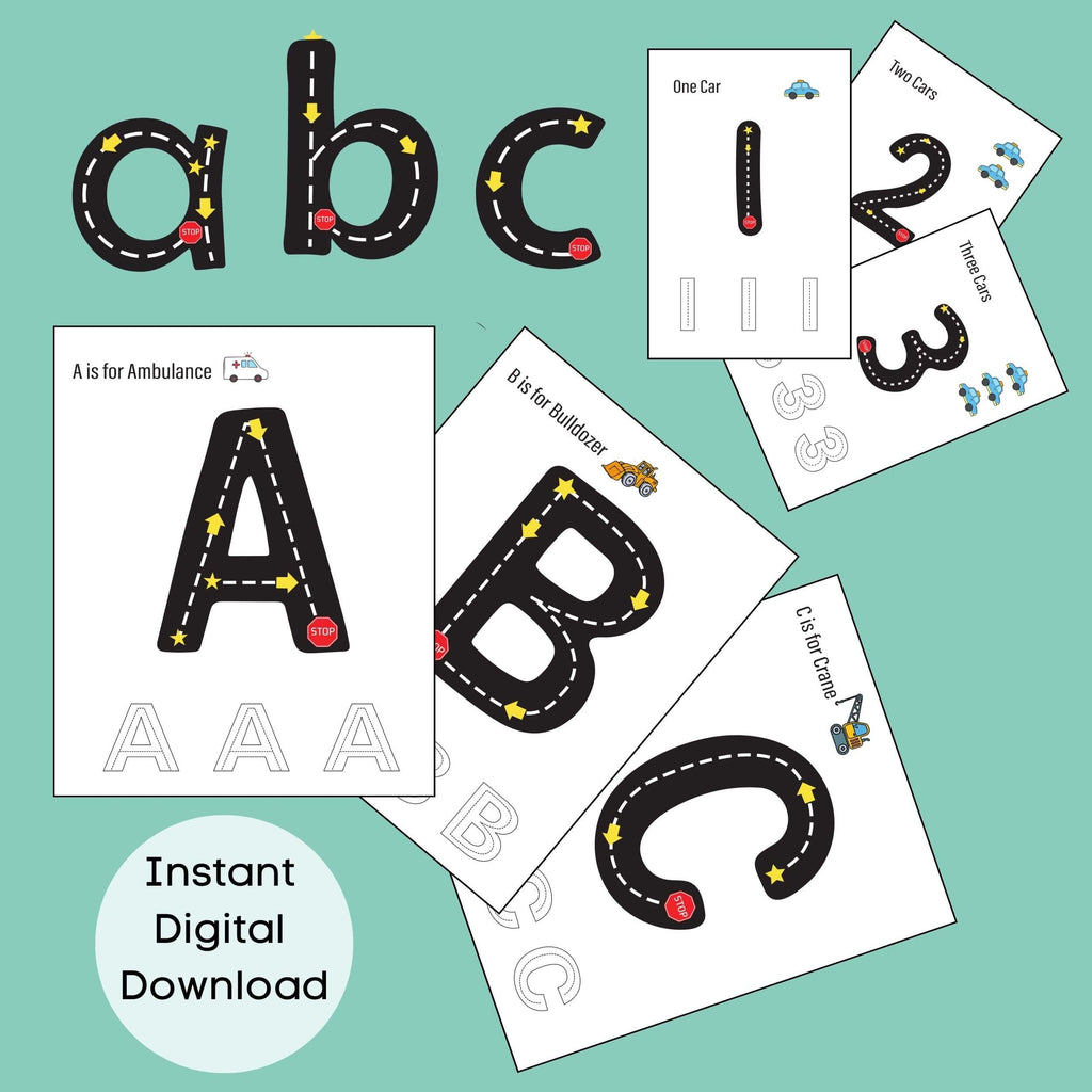 road letters and numbers: alphabet tracing worksheets