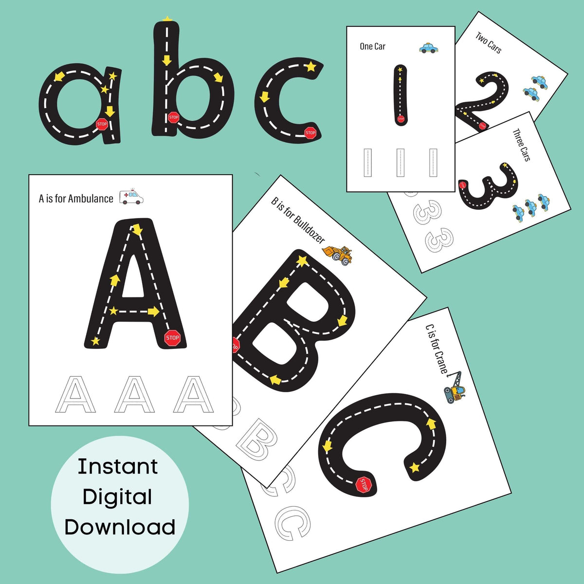 Road Letters and Numbers: Alphabet Tracing Worksheets
