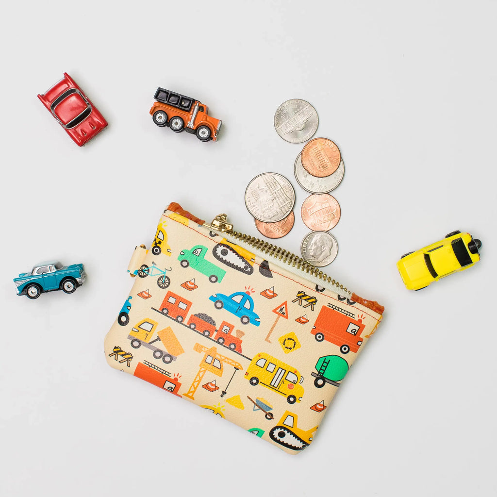 Small purse for coins with car and construction vehicle print