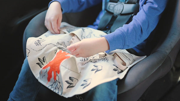 boy playing with dinosaur play mat in a car