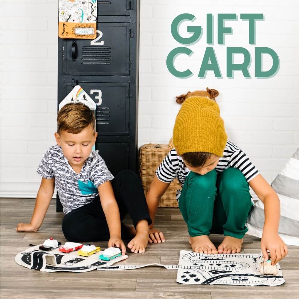 Gift card design with boys playing with playmats