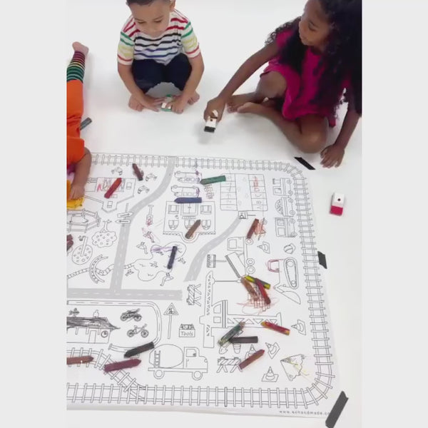 kids coloring and playing with toy cars